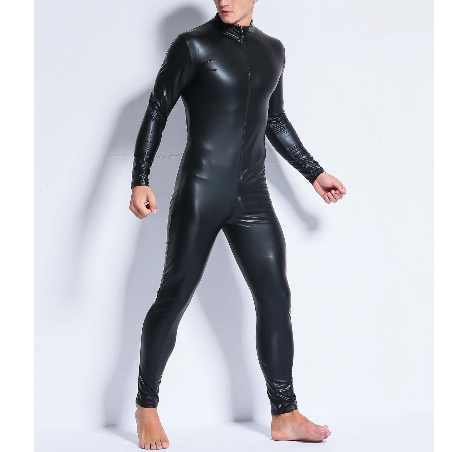 Zip-up long sleeve crewneck metallic solid jumpsuit | dmunderwear detail image 3