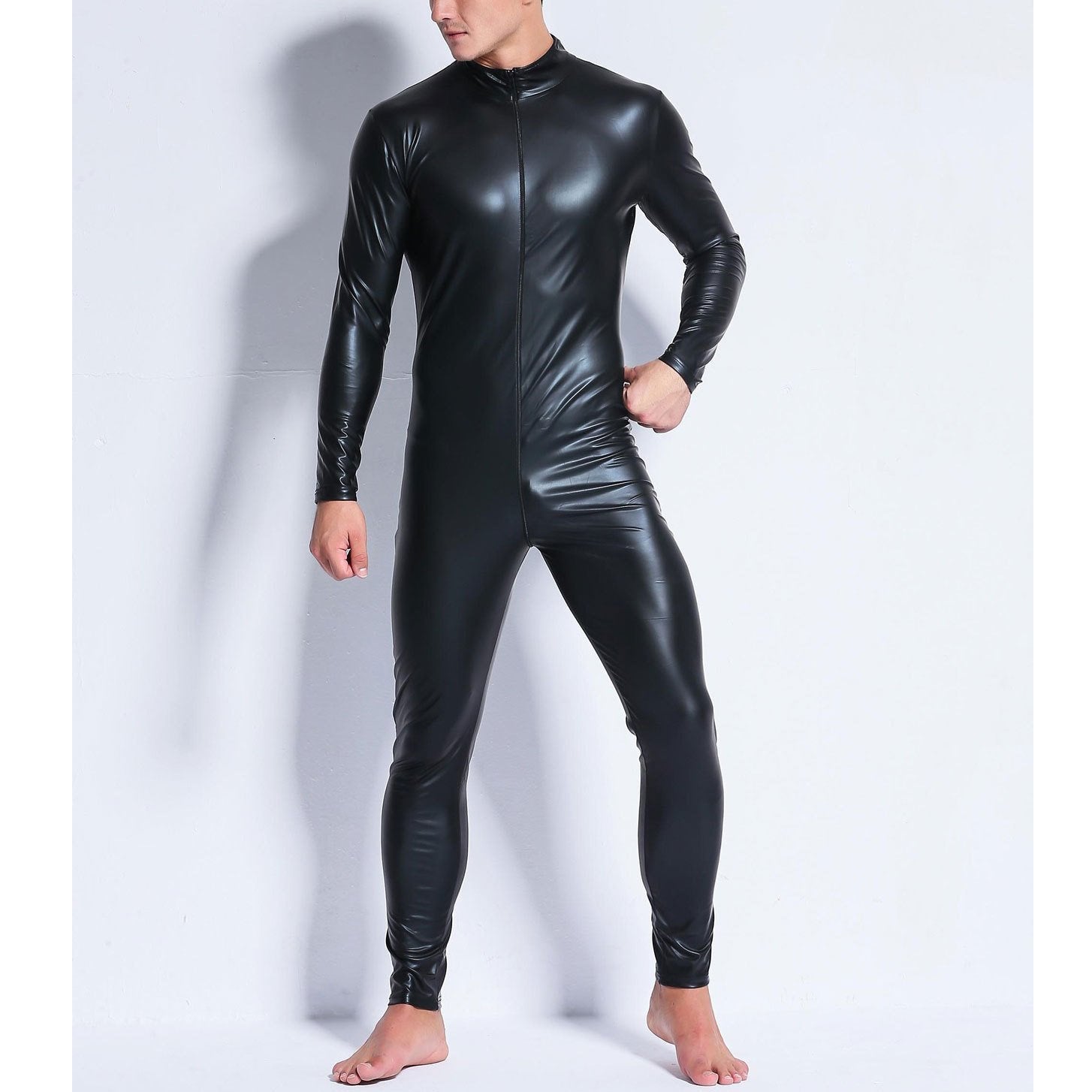 Zip-up long sleeve crewneck metallic solid jumpsuit | dmunderwear detail image 4
